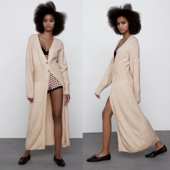 NEW Zara Wool Blend Long Maxi Duster Cardigan Sand - Picture 5 of 11